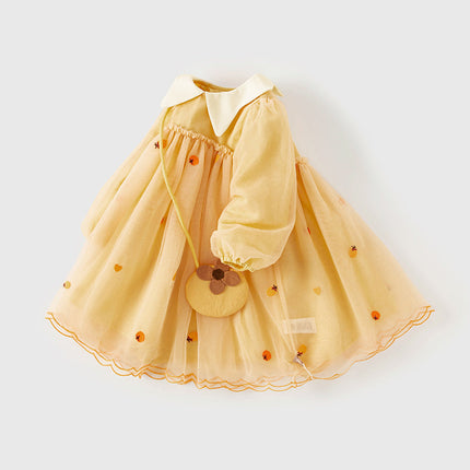 Toddler Girls Autumn Adorable Orange Princess Mesh Dress(wallet bag)