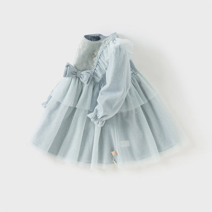Toddler Girls Elegance Grey Blue Mesh Charming Princess Dress