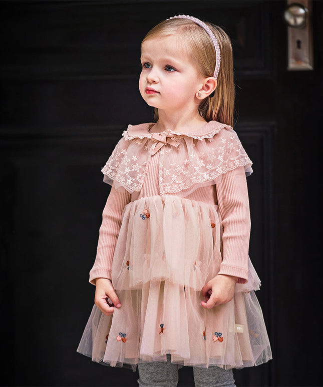 Toddler Girls Sweet Pink A-line Princess Mesh Dress with Cape