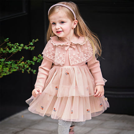 Toddler Girls Sweet Pink A-line Princess Mesh Dress with Cape