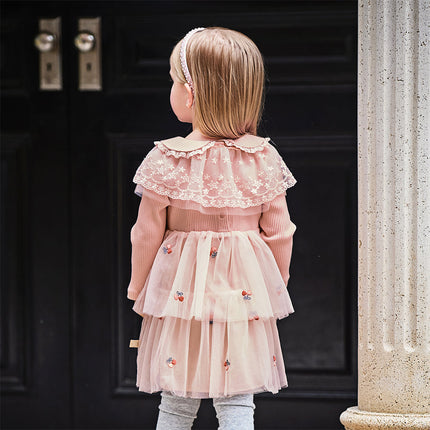 Toddler Girls Sweet Pink A-line Princess Mesh Dress with Cape
