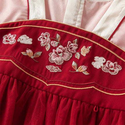 Toddler Girls Adorable Drak Red Chinese Style Elegant Mesh Princess Dress