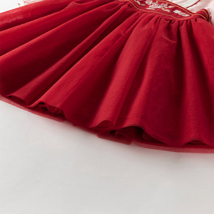 Toddler Girls Adorable Drak Red Chinese Style Elegant Mesh Princess Dress