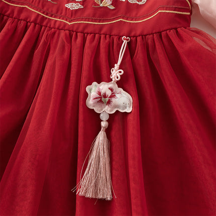 Toddler Girls Adorable Drak Red Chinese Style Elegant Mesh Princess Dress