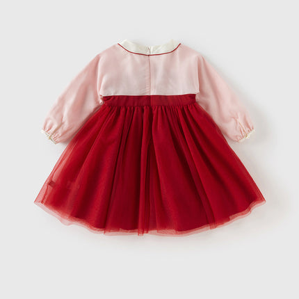 Toddler Girls Adorable Drak Red Chinese Style Elegant Mesh Princess Dress