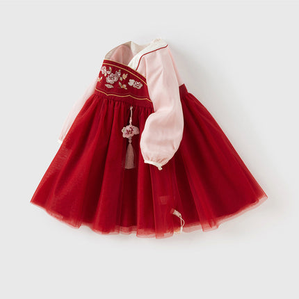 Toddler Girls Adorable Drak Red Chinese Style Elegant Mesh Princess Dress