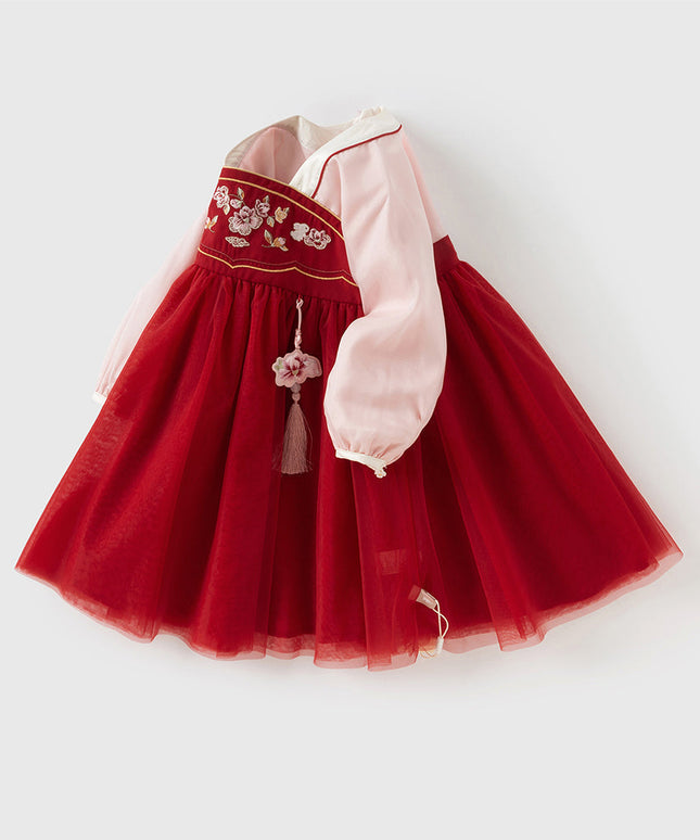 Toddler Girls Adorable Drak Red Chinese Style Elegant Mesh Princess Dress