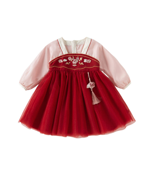 Toddler Girls Adorable Drak Red Chinese Style Elegant Mesh Princess Dress