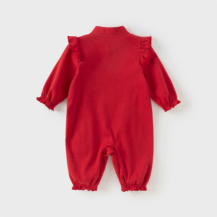 Baby Girls Cotton Antibacterial Red One-Pieces Romper