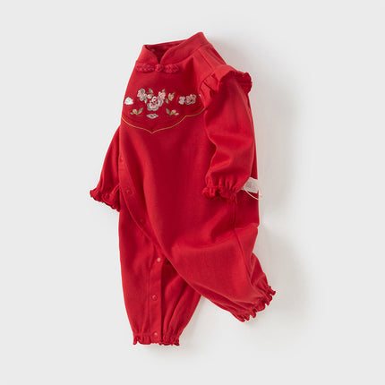 Baby Girls Cotton Antibacterial Red One-Pieces Romper