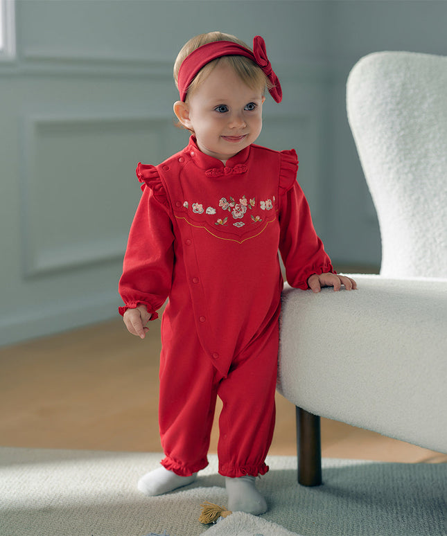Baby Girls Cotton Antibacterial Red One-Pieces Romper