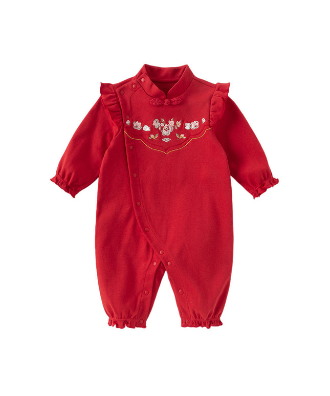 Baby Girls Cotton Antibacterial Red One-Pieces Romper