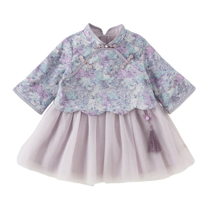 Toddler Girls Purple Floral Chinese Style Noble Mesh A-line Dress