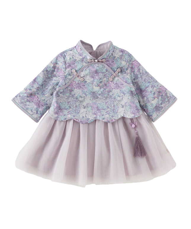 Toddler Girls Purple Floral Chinese Style Noble Mesh A-line Dress