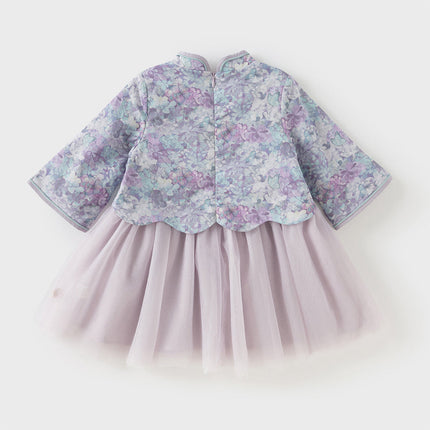 Toddler Girls Purple Floral Chinese Style Noble Mesh A-line Dress