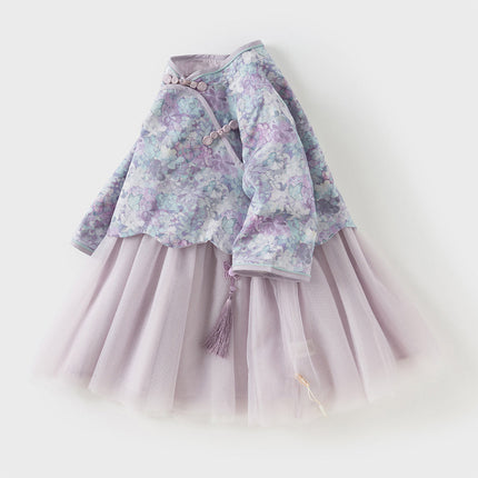 Toddler Girls Purple Floral Chinese Style Noble Mesh A-line Dress
