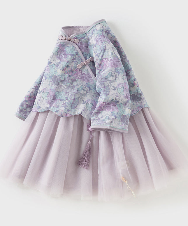Toddler Girls Purple Floral Chinese Style Noble Mesh A-line Dress