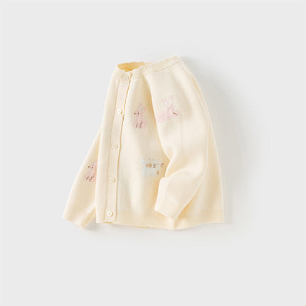 Toddler Girls Cotton Beige Rabbit Jacquard Sweater Cardigans