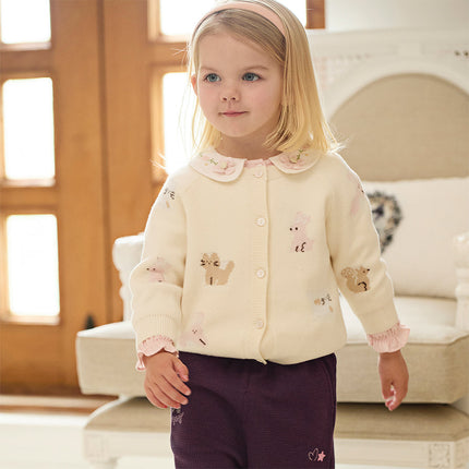 Toddler Girls Cotton Beige Rabbit Jacquard Sweater Cardigans