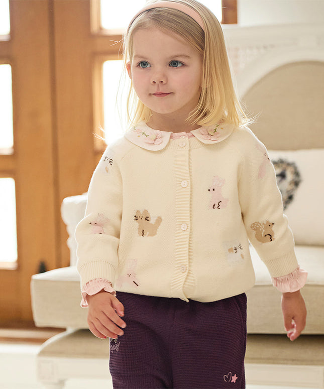 Toddler Girls Cotton Beige Rabbit Jacquard Sweater Cardigans