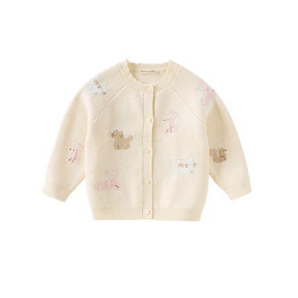 Toddler Girls Cotton Beige Rabbit Jacquard Sweater Cardigans