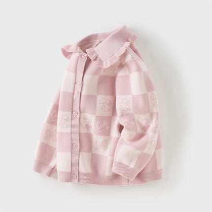 Toddler Girls Sweet Cotton Pink White Plaid Knit Cardigans
