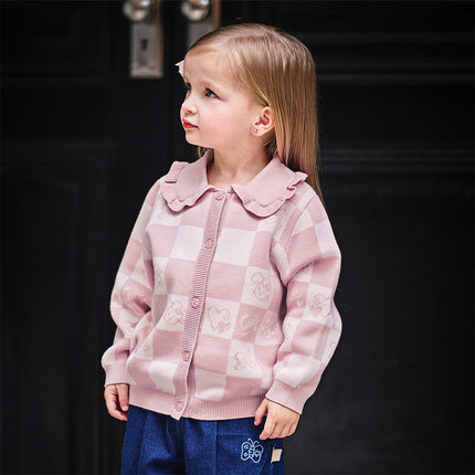 Toddler Girls Sweet Cotton Pink White Plaid Knit Cardigans