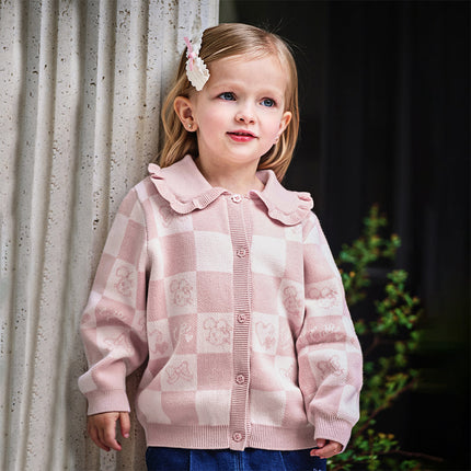 Toddler Girls Sweet Cotton Pink White Plaid Knit Cardigans