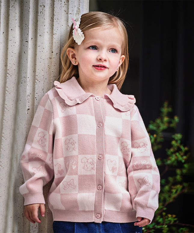 Toddler Girls Sweet Cotton Pink White Plaid Knit Cardigans