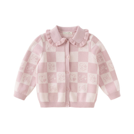 Toddler Girls Sweet Cotton Pink White Plaid Knit Cardigans