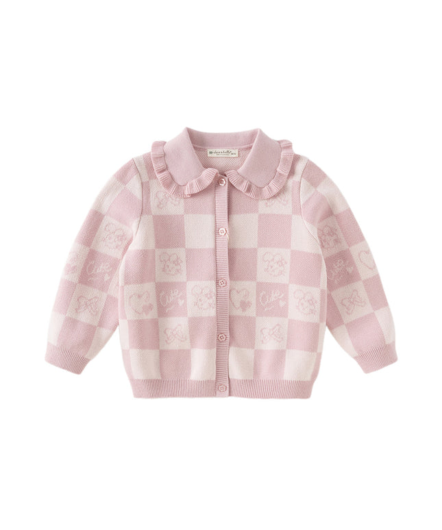 Toddler Girls Sweet Cotton Pink White Plaid Knit Cardigans