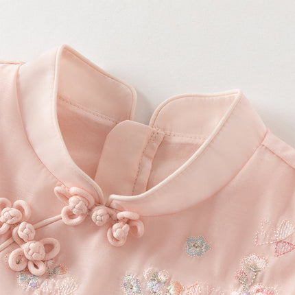 Girls Adorable Chinese Style Pink Turtle Flower Embroidery Mesh A-lined Dress