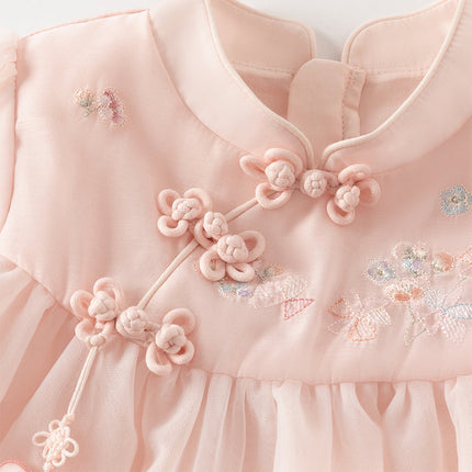 Girls Adorable Chinese Style Pink Turtle Flower Embroidery Mesh A-lined Dress