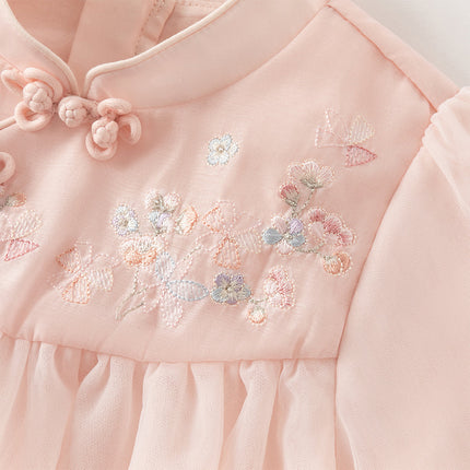 Girls Adorable Chinese Style Pink Turtle Flower Embroidery Mesh A-lined Dress