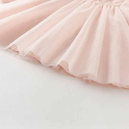 Girls Adorable Chinese Style Pink Turtle Flower Embroidery Mesh A-lined Dress