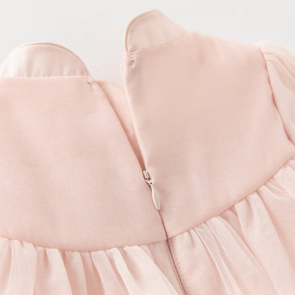 Girls Adorable Chinese Style Pink Turtle Flower Embroidery Mesh A-lined Dress