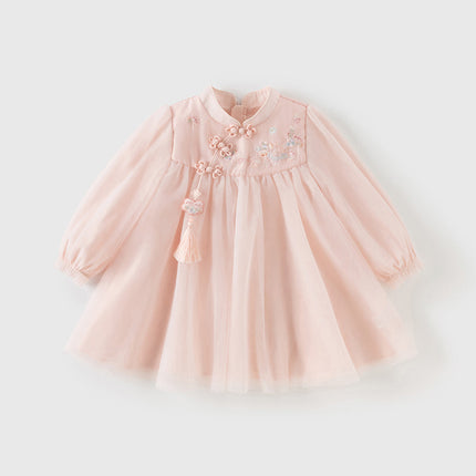 Girls Adorable Chinese Style Pink Turtle Flower Embroidery Mesh A-lined Dress