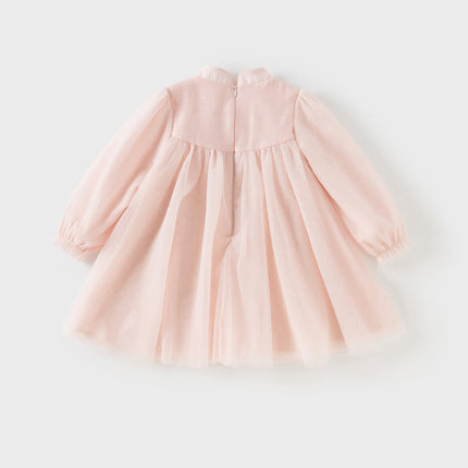 Girls Adorable Chinese Style Pink Turtle Flower Embroidery Mesh A-lined Dress