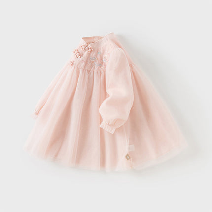 Girls Adorable Chinese Style Pink Turtle Flower Embroidery Mesh A-lined Dress