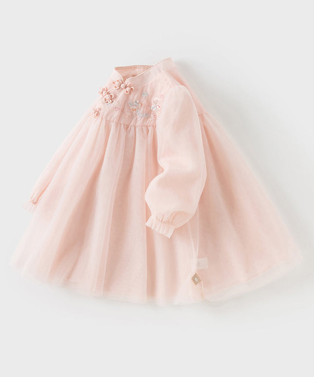 Girls Adorable Chinese Style Pink Turtle Flower Embroidery Mesh A-lined Dress