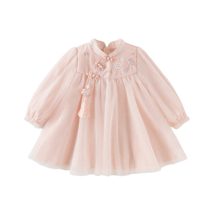 Girls Adorable Chinese Style Pink Turtle Flower Embroidery Mesh A-lined Dress