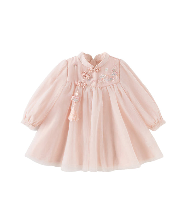 Girls Adorable Chinese Style Pink Turtle Flower Embroidery Mesh A-lined Dress