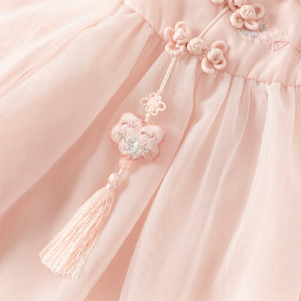 Girls Adorable Chinese Style Pink Turtle Flower Embroidery Mesh A-lined Dress