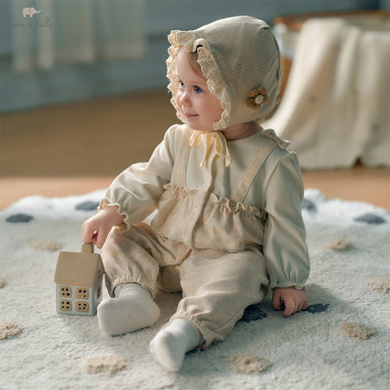 Baby Girls Beige Floral Indoor Cotton One-Pieces Romper