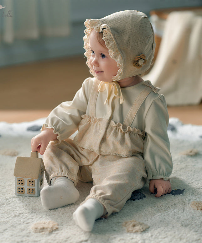 Baby Girls Beige Floral Indoor Cotton One-Pieces Romper