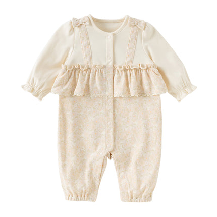 Baby Girls Beige Floral Indoor Cotton One-Pieces Romper