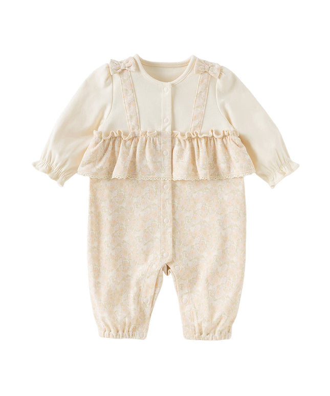 Baby Girls Beige Floral Indoor Cotton One-Pieces Romper