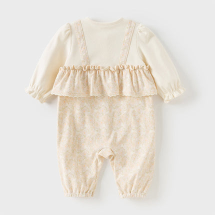 Baby Girls Beige Floral Indoor Cotton One-Pieces Romper