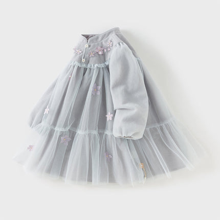 Toddler Girls Blue Classic Flower Embroidery Soft Mesh Chinese-style Dress