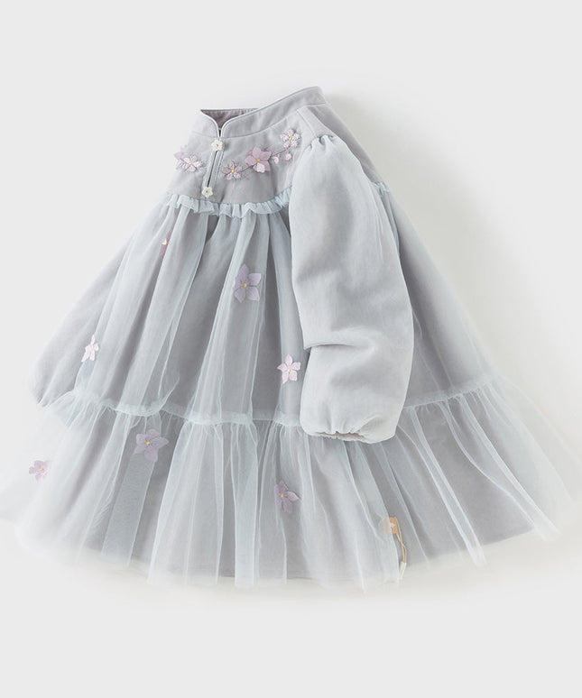 Toddler Girls Blue Classic Flower Embroidery Soft Mesh Chinese-style Dress